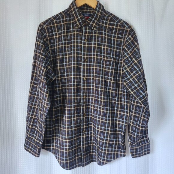 Denver Hayes Shirt Men's Small Plaid Long Sleeve Button Down Cotton Brown Blue - Picture 1 of 5